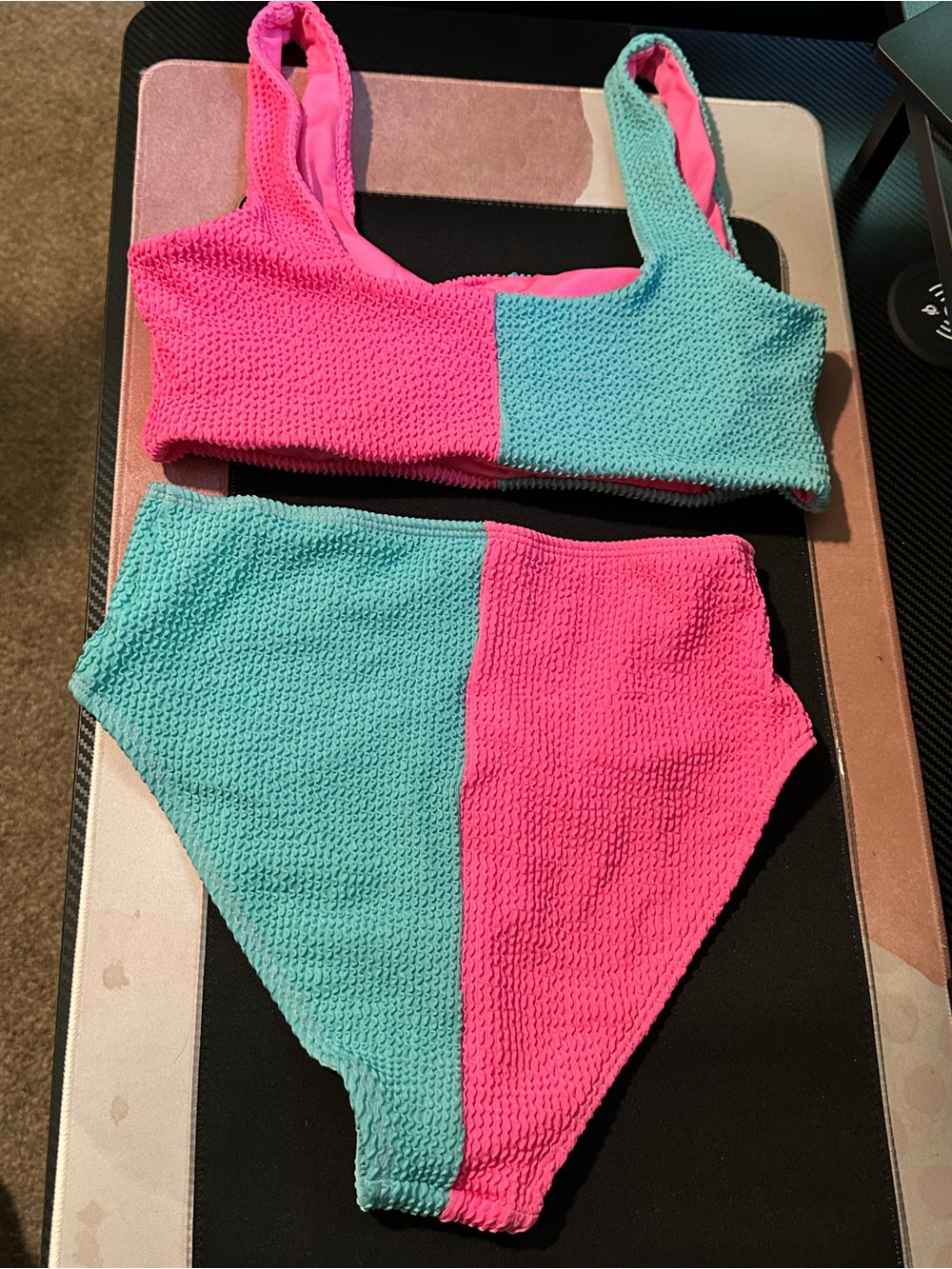 Pink Lily Hot Pink Aqua Crinkle Colorblock High Waisted Bikini Set